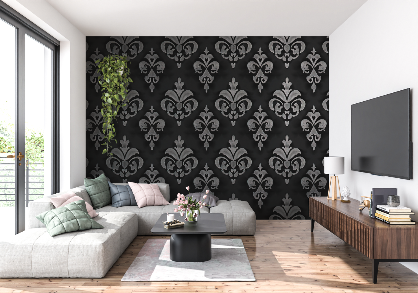 Papel pintado negro y plateado - pared de la cocina