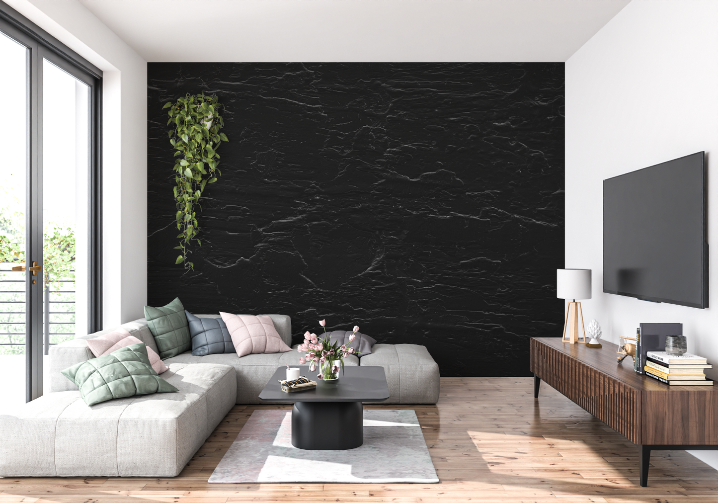 Papel pintado efecto piedra negro - pared de la cocina
