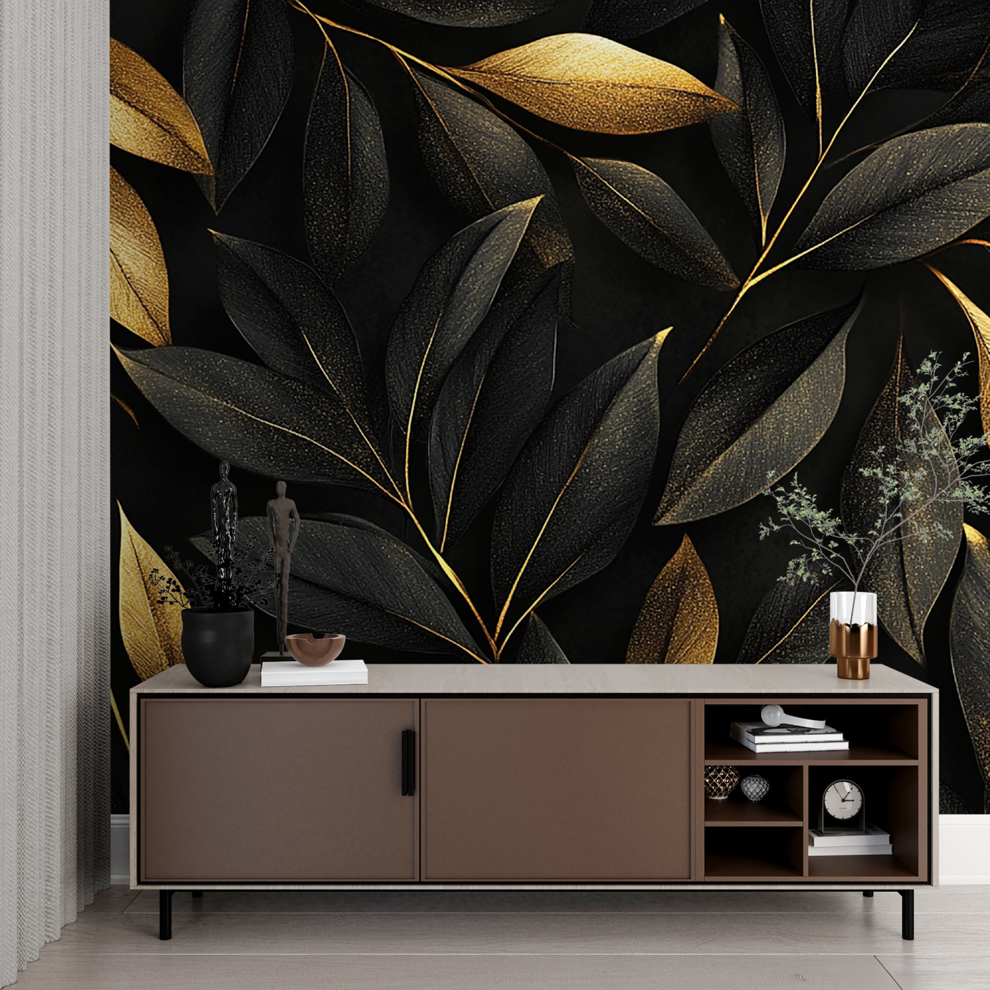 Papel pintado no tejido negro y dorado - diseño