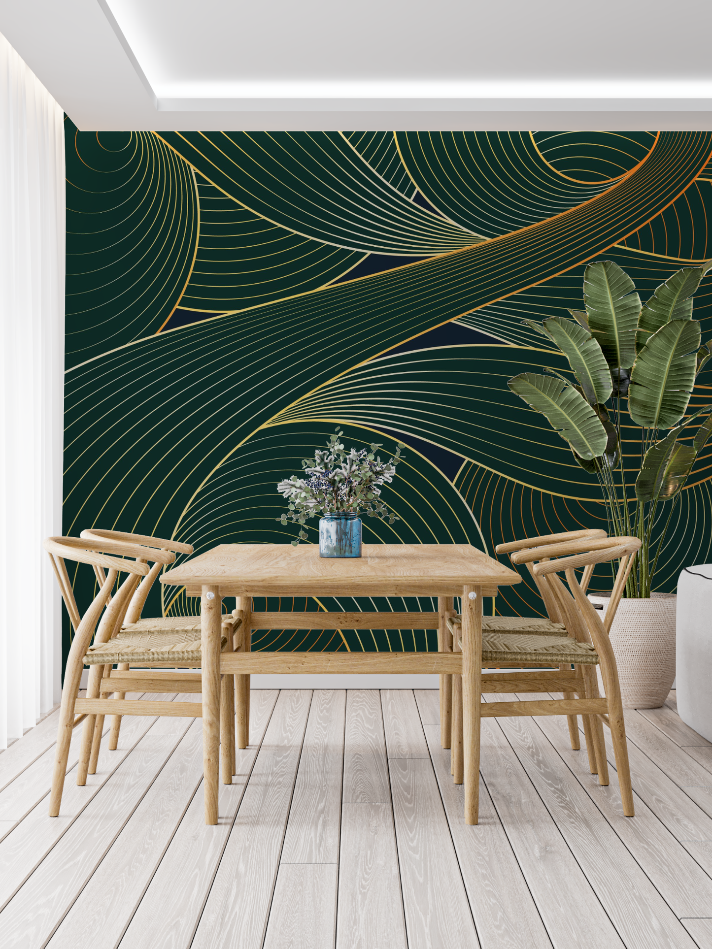 Papel pintado Art Deco verde y dorado - panorámico de moda