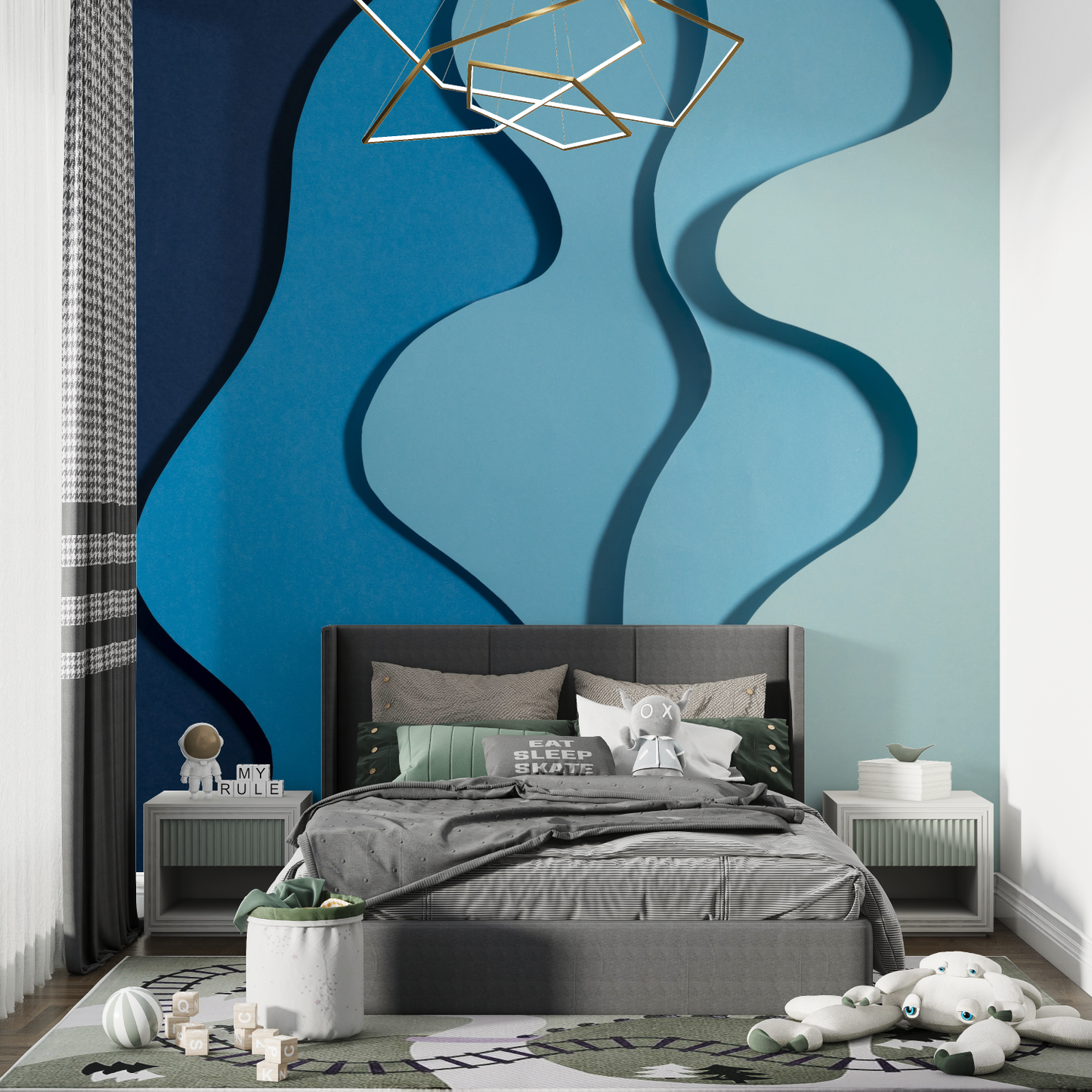 Papel pintado para niño Olas azul marino - dormitorio de niño