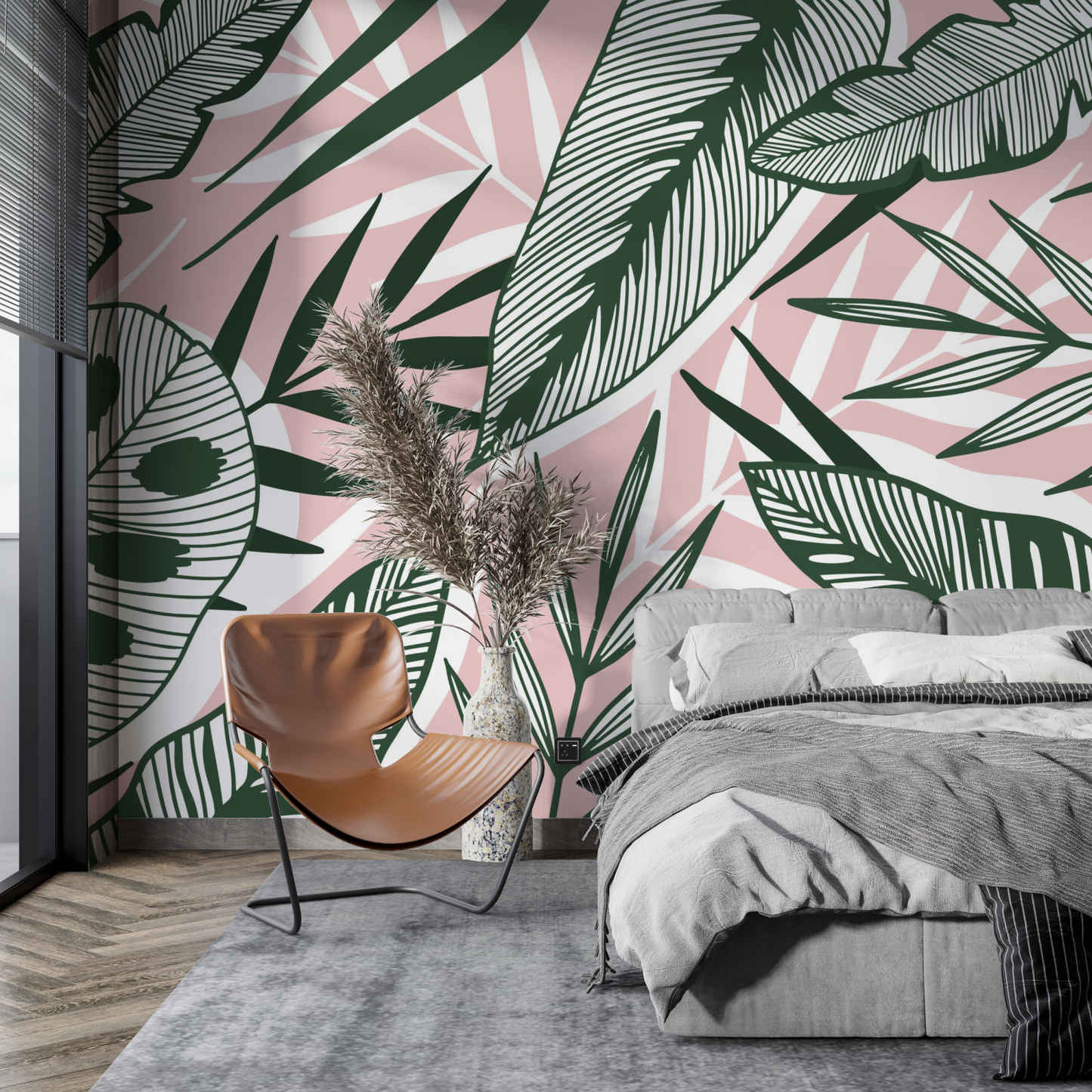 Papel pintado de la selva verde y rosa - pared de la cocina