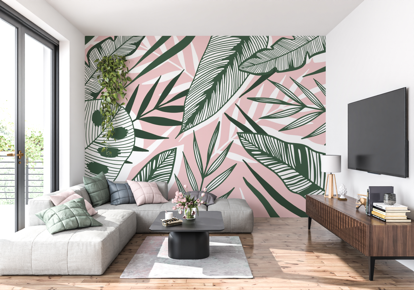 Papel pintado de la selva verde y rosa - pano tapestry