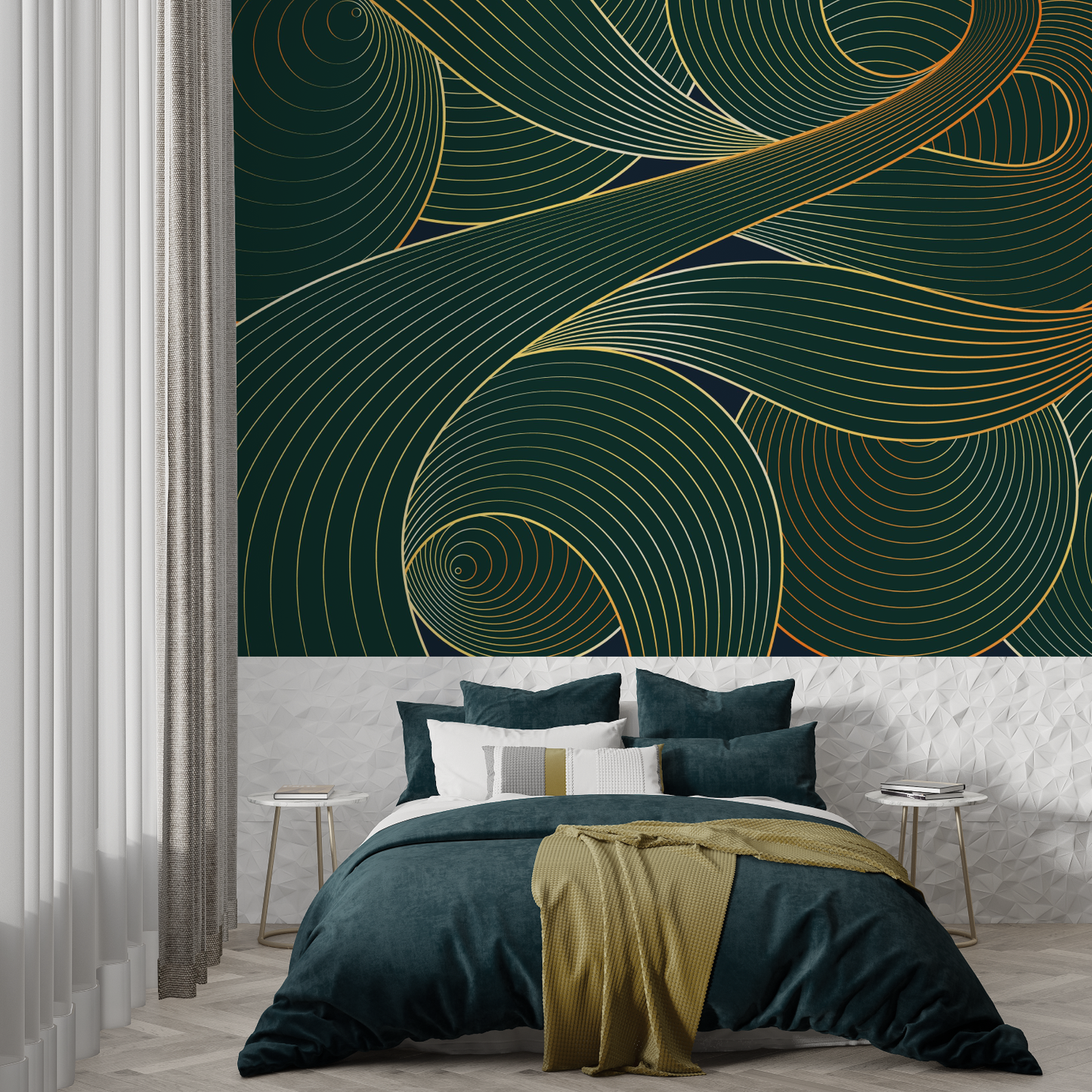 Papel pintado Art Déco verde y dorado - Francés