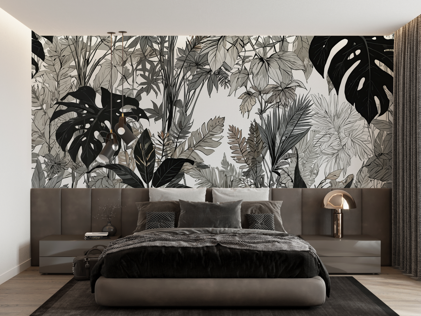 Papel pintado panorámico de la selva en blanco y negro - panorámico de moda