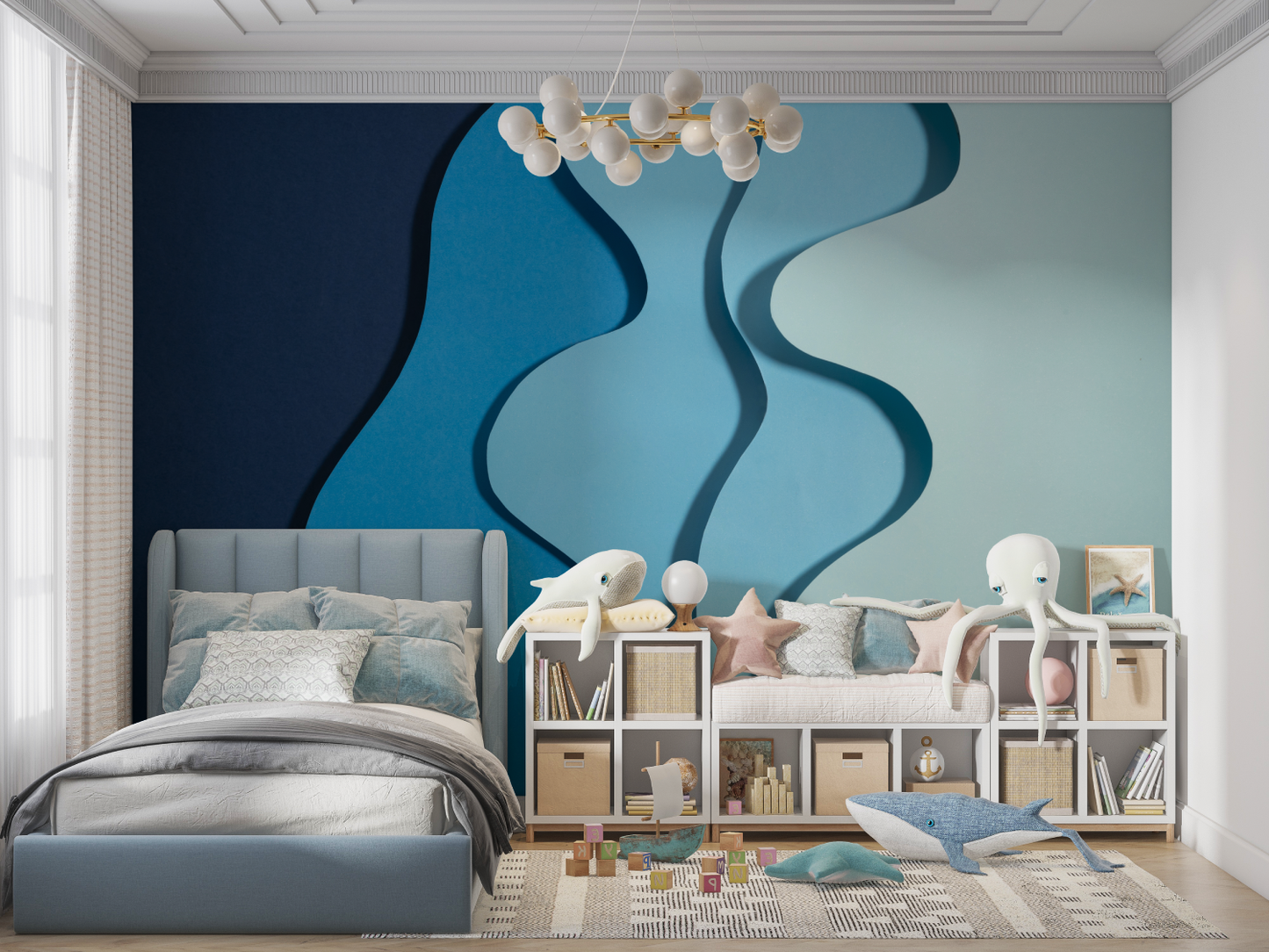 Papel pintado con ondas azul marino para niños - dormitorio pequeño