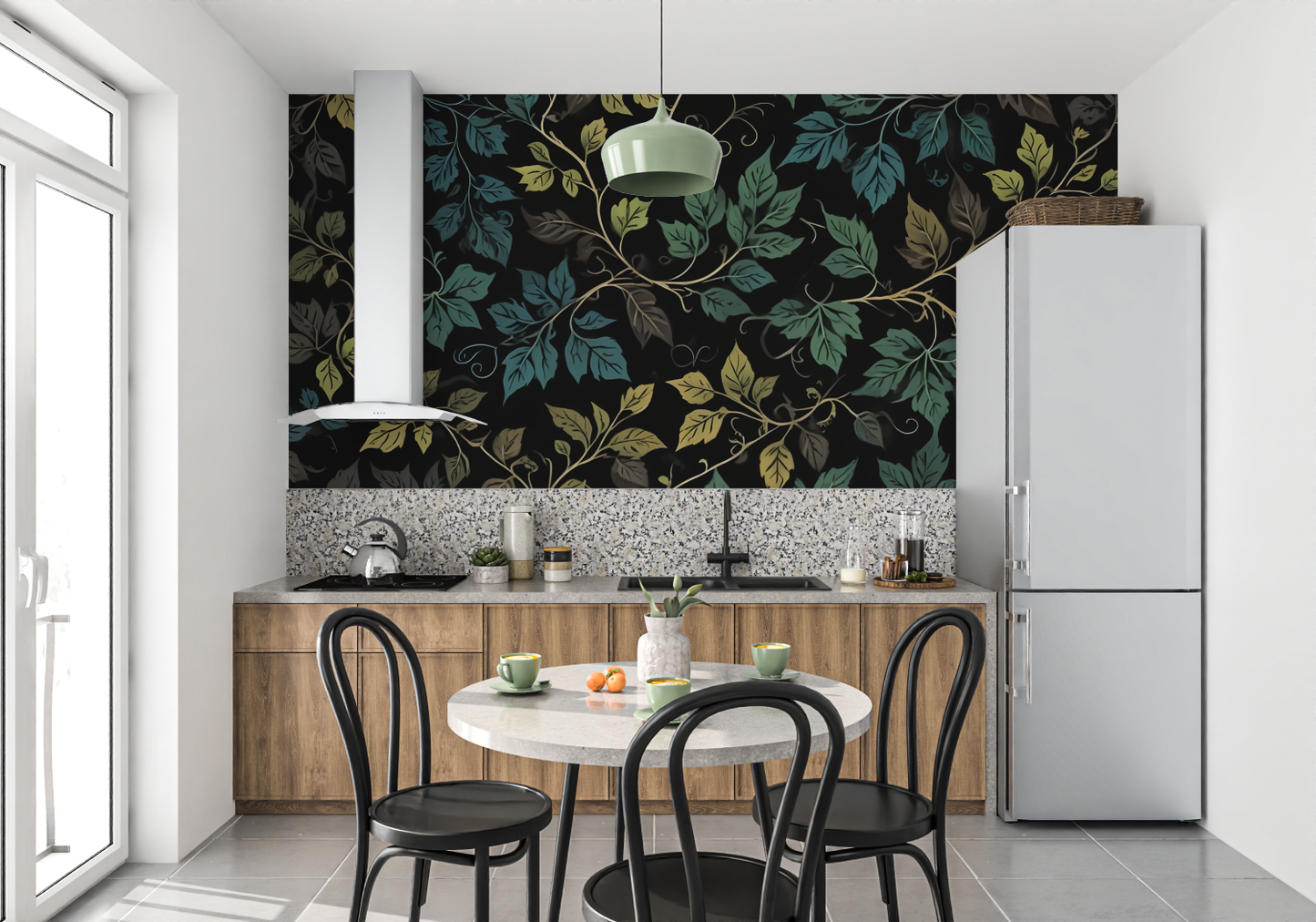 Papel pintado verde y negro - pared de la cocina