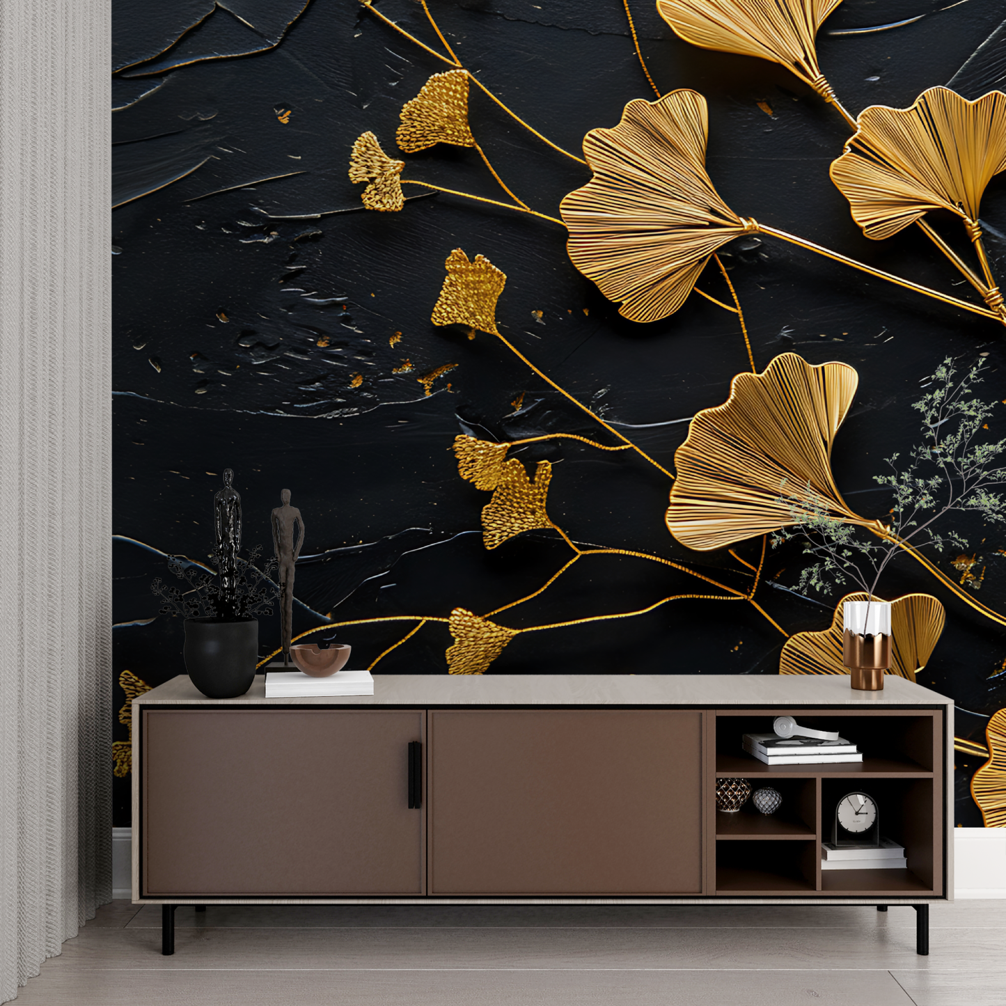 Papel pintado para dormitorio negro y dorado - contemporáneo