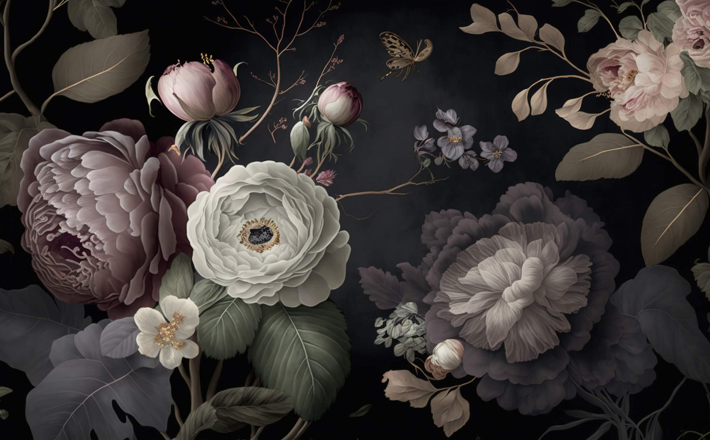 Papel Pintado De Flores Negro