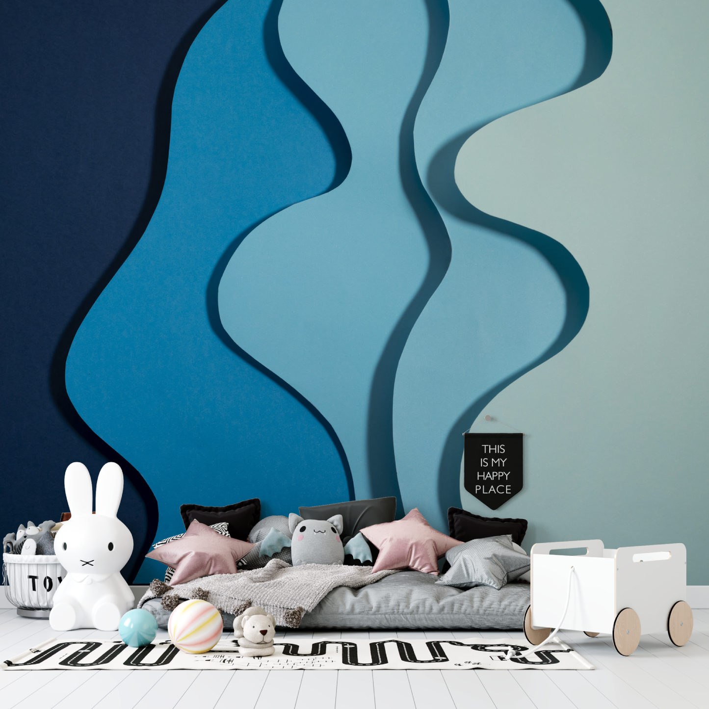 Papel pintado niño Olas azul marino - pared panorámica del dormitorio