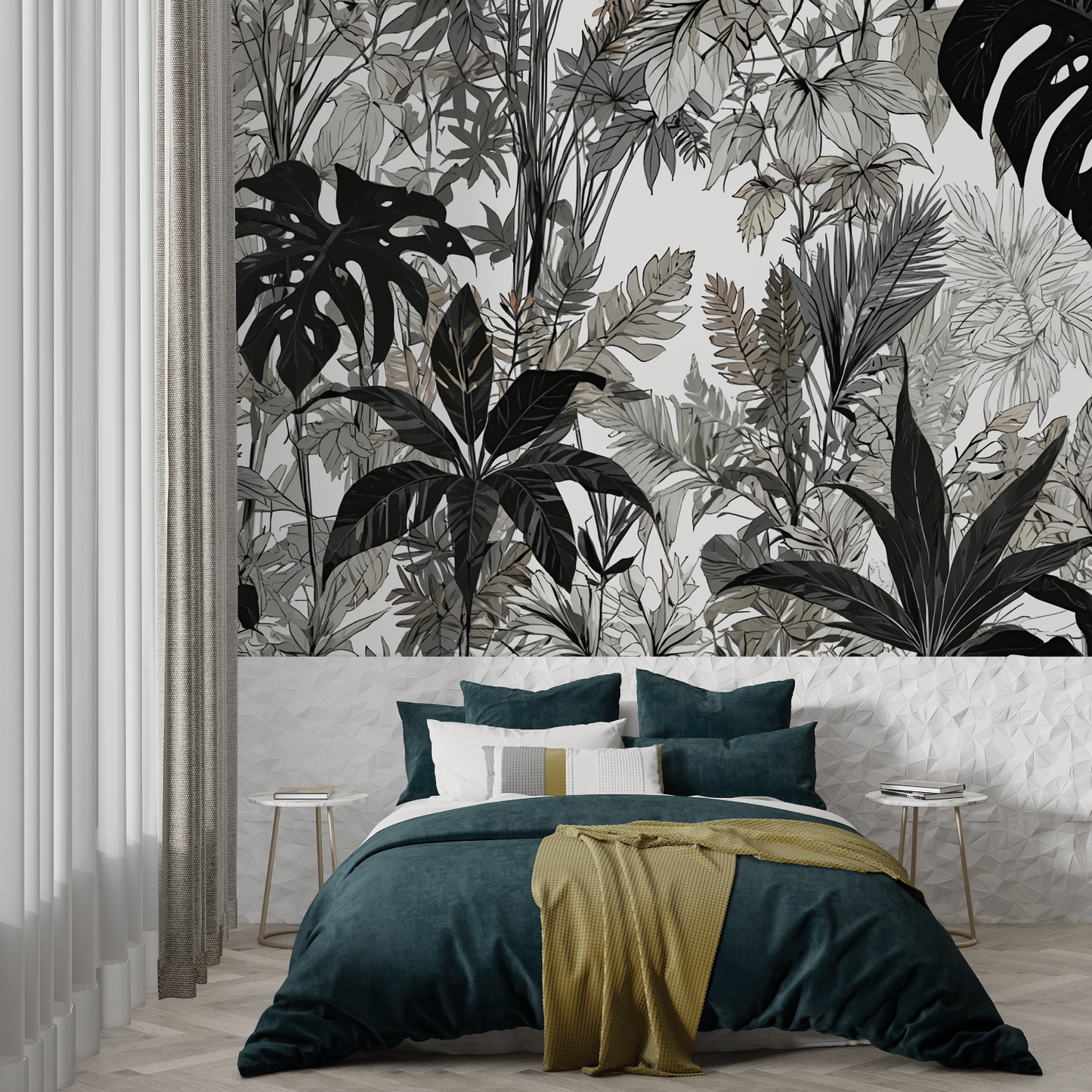 Papel pintado panorámico de la selva en blanco y negro - Francés