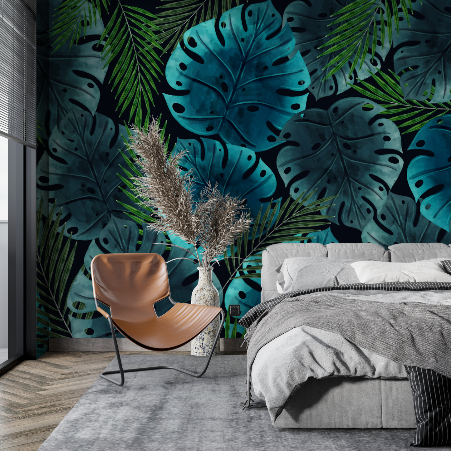 Papel pintado de la selva azul y verde - pared de la cocina