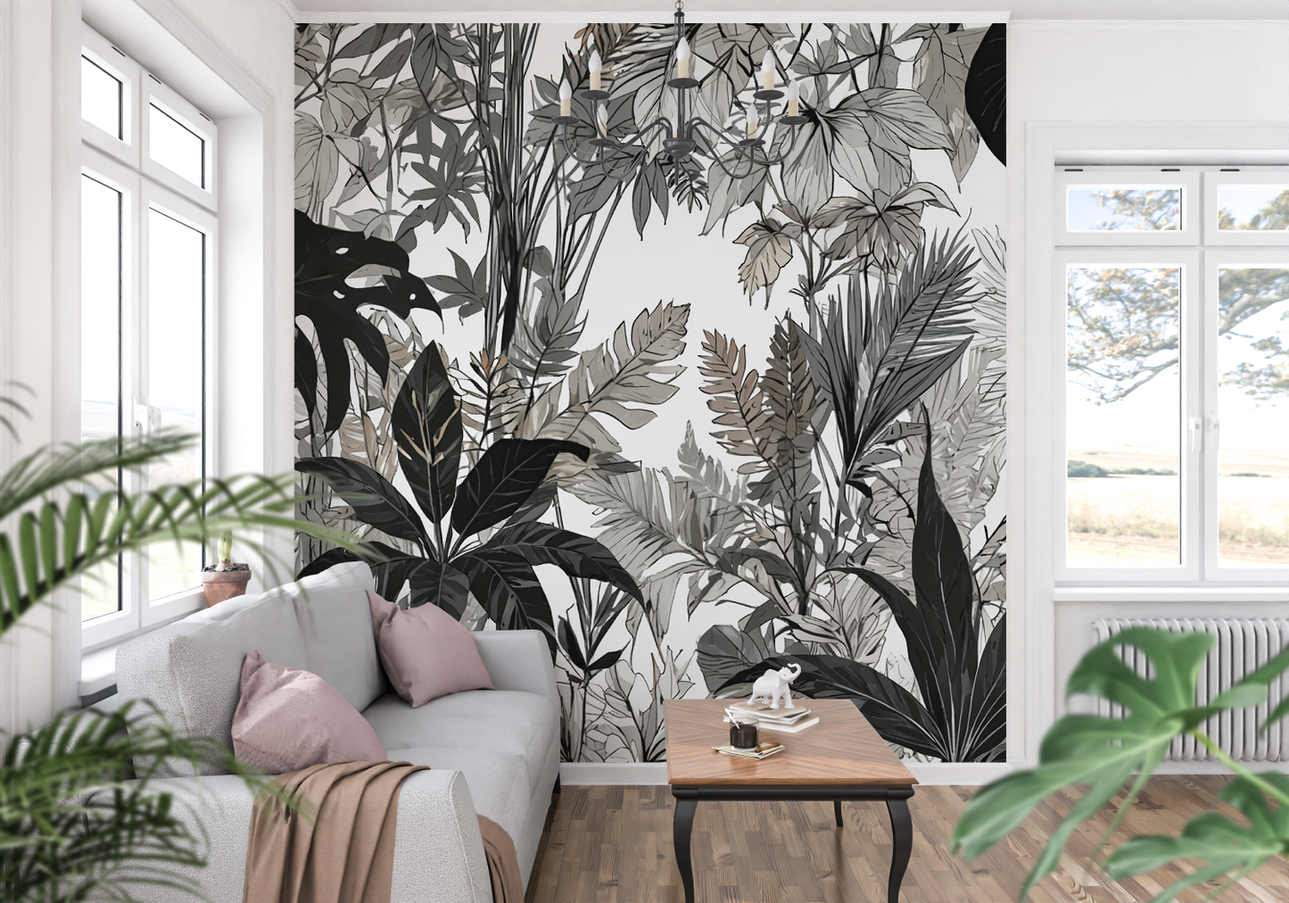 Papel Pintado Panorámico De La Selva En Blanco Y Negro - papel pintado