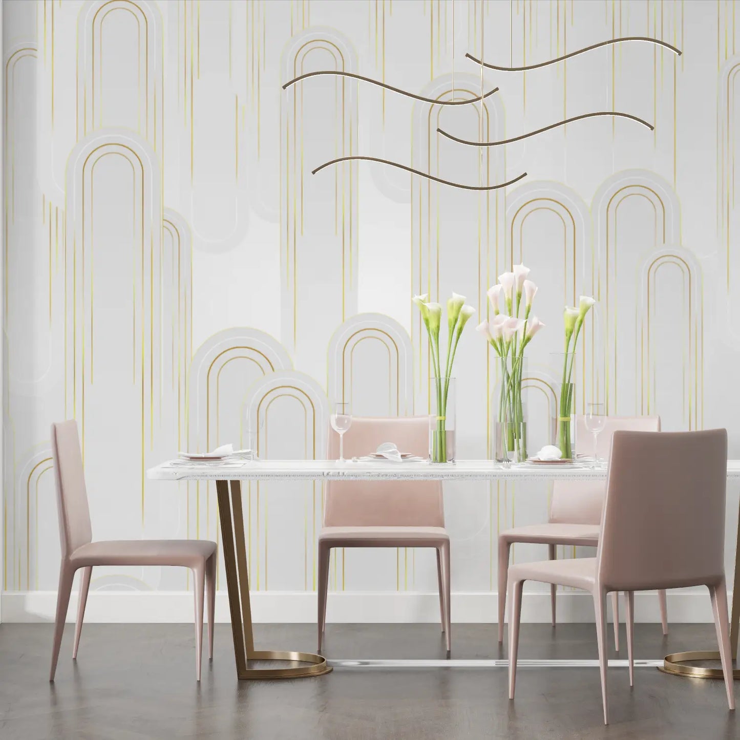 Papel pintado Art Deco blanco y dorado - salón