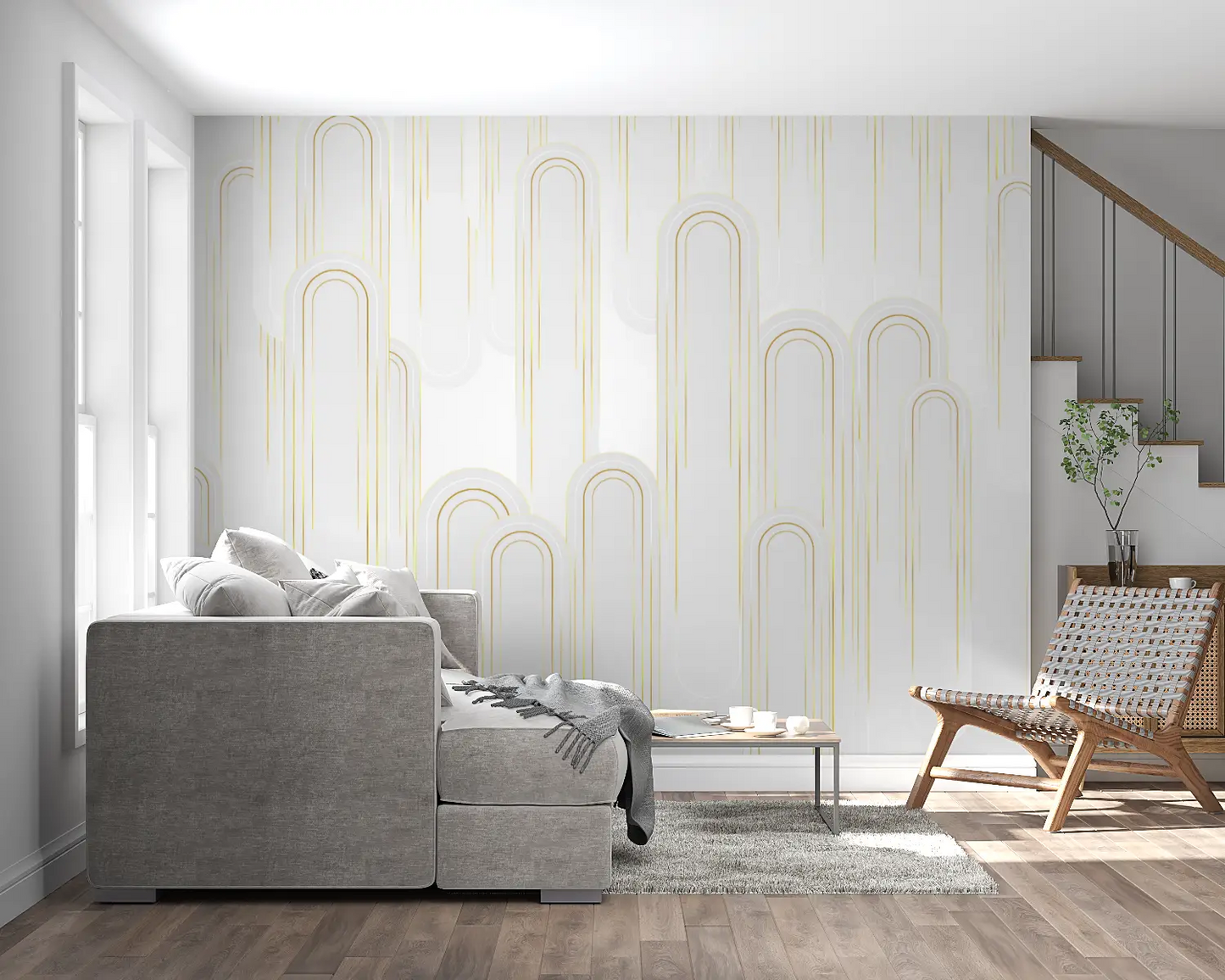 Papel pintado Art Déco blanco y dorado - tendencia 2024
