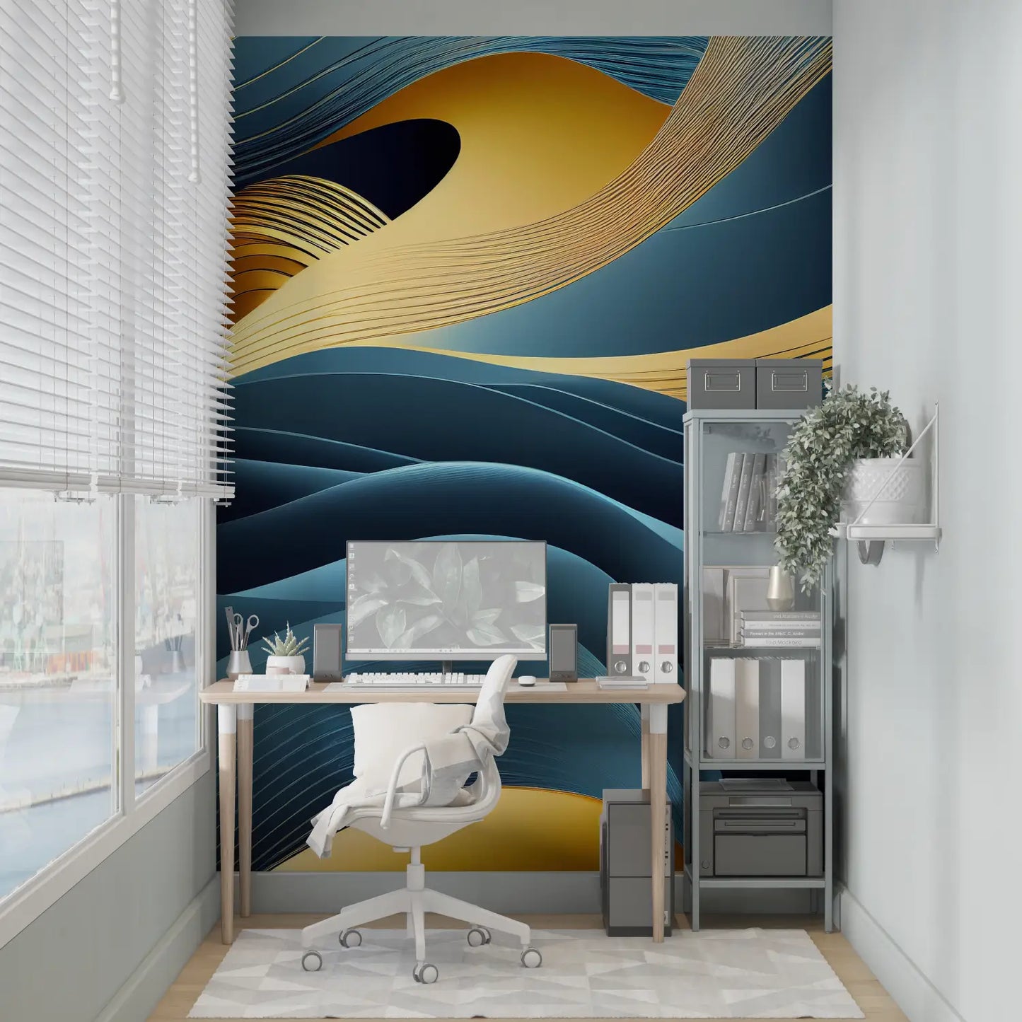 Papel Pintado Art Deco Ondas Azules Y Doradas - panorama de la pared