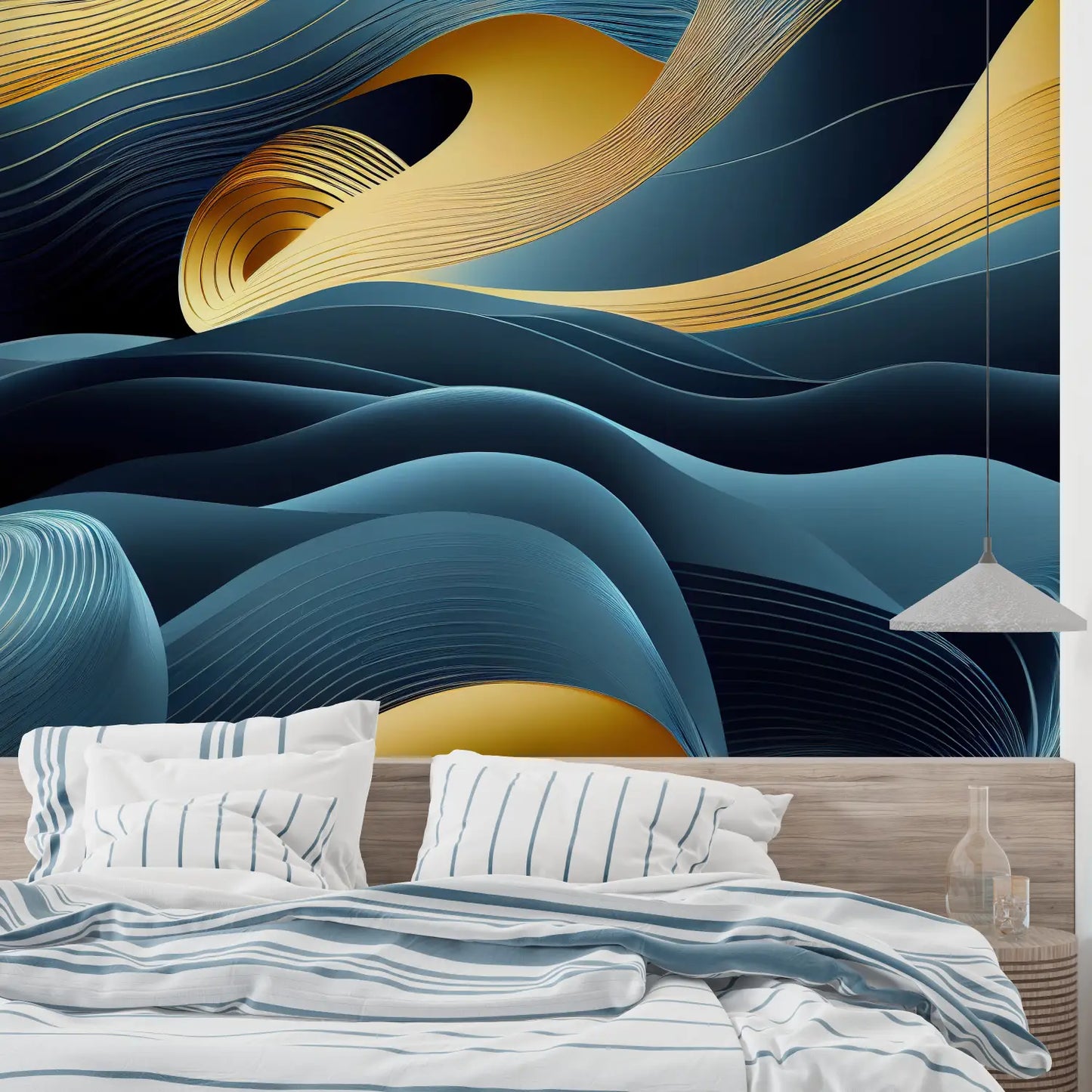 Papel pintado Art Deco con ondas azules y doradas - merlin leroy