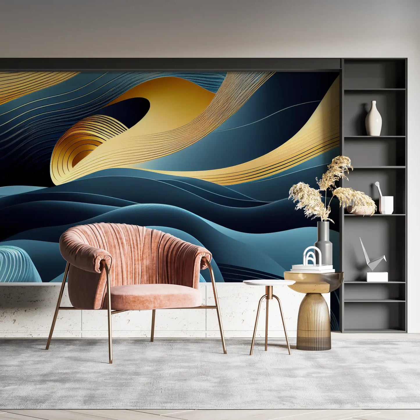 Papel pintado Art Deco con ondas azules y doradas - mural