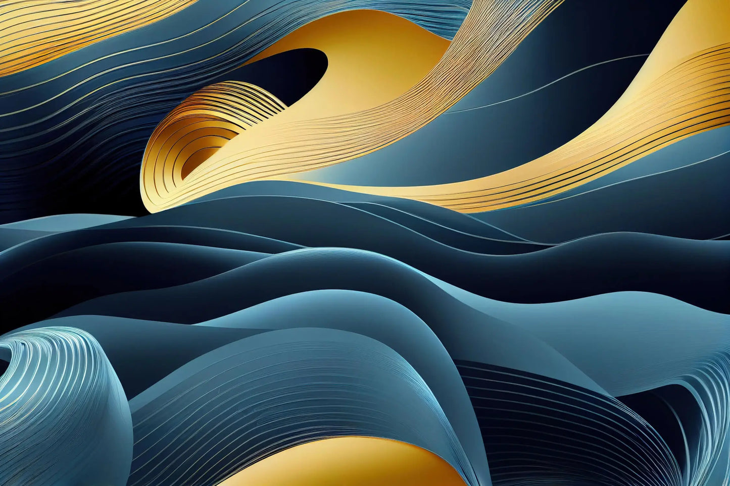 Papel pintado Art Déco con ondas azules y doradas