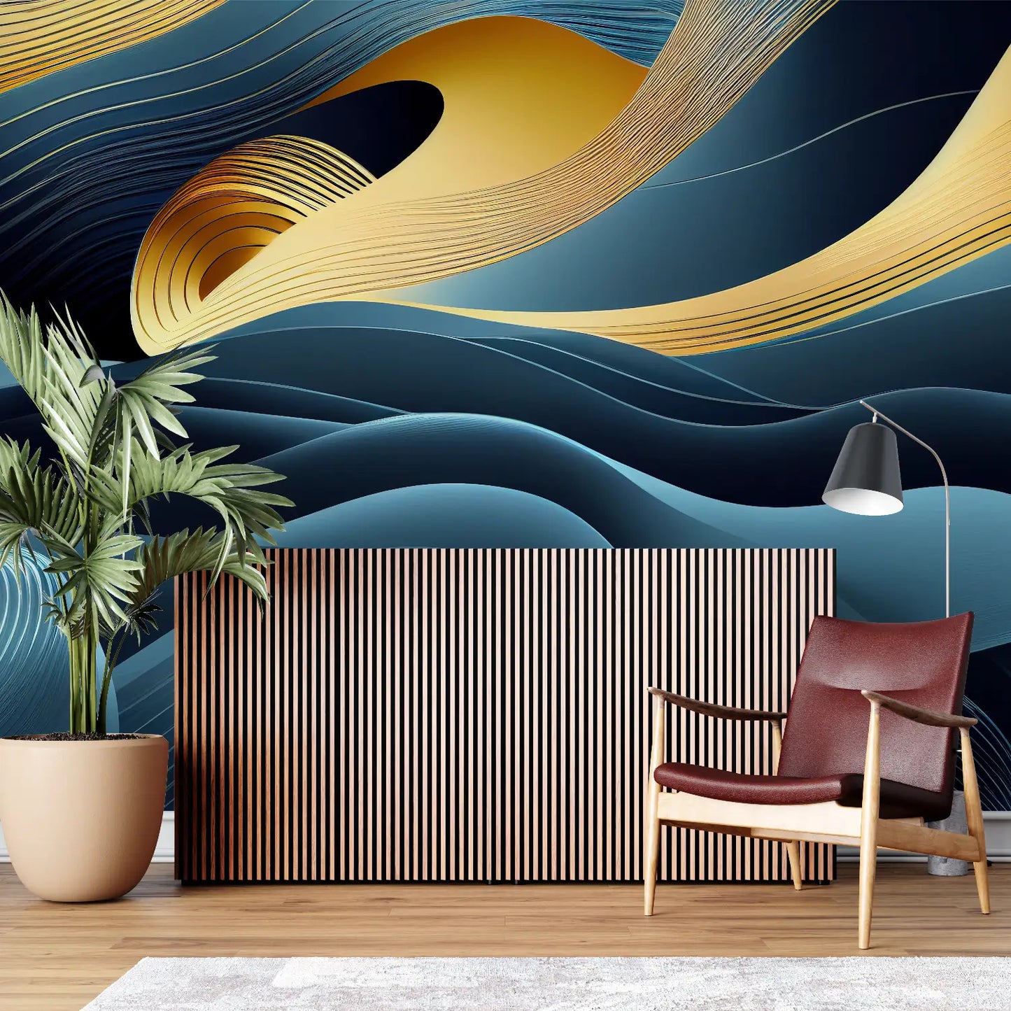 Papel pintado Art Déco con ondas azules y doradas - hecho a medida