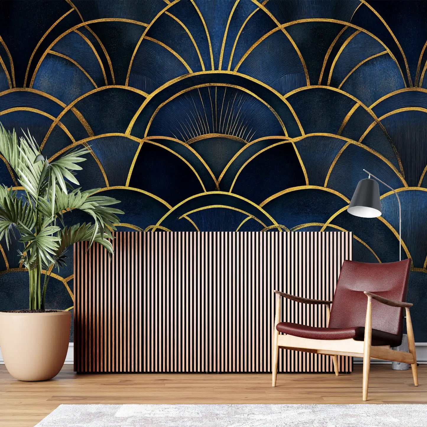 Papel pintado Art Déco azul dorado - montado en la pared