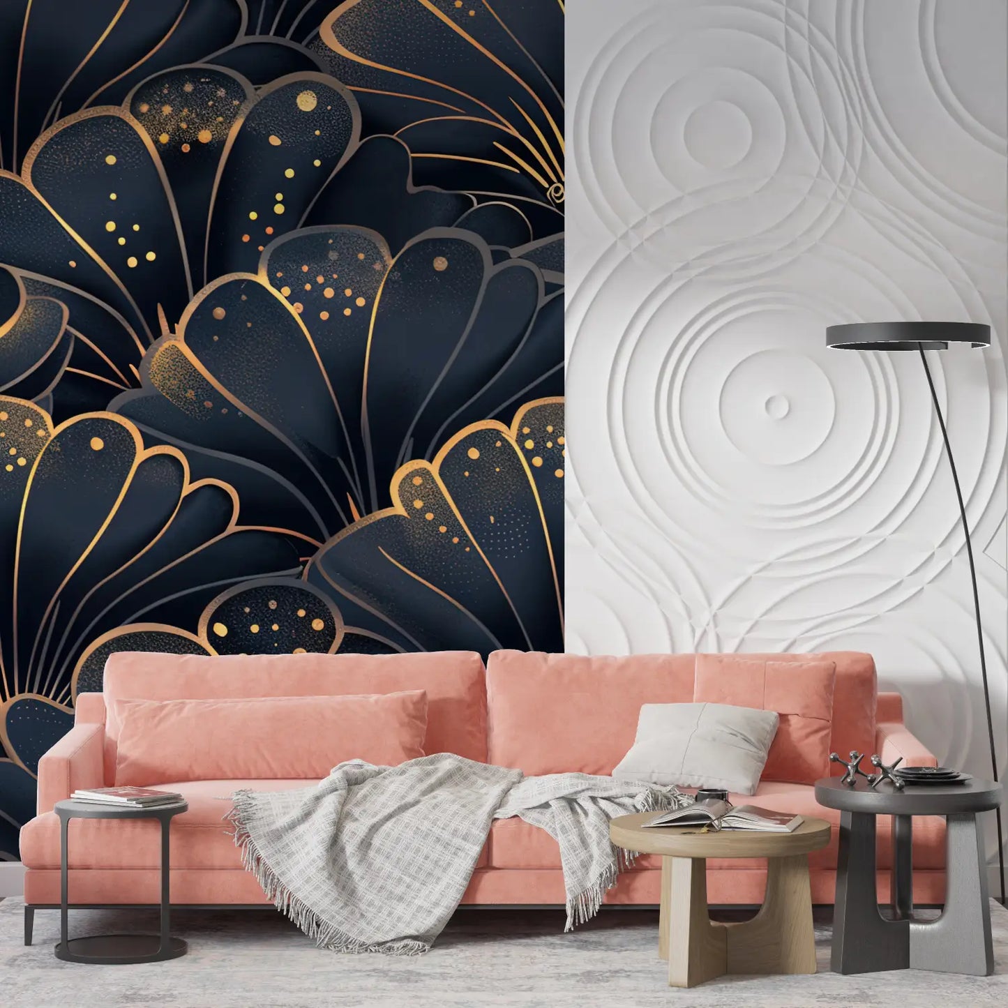 Papel pintado Art Deco de conchas azules y doradas - diseño