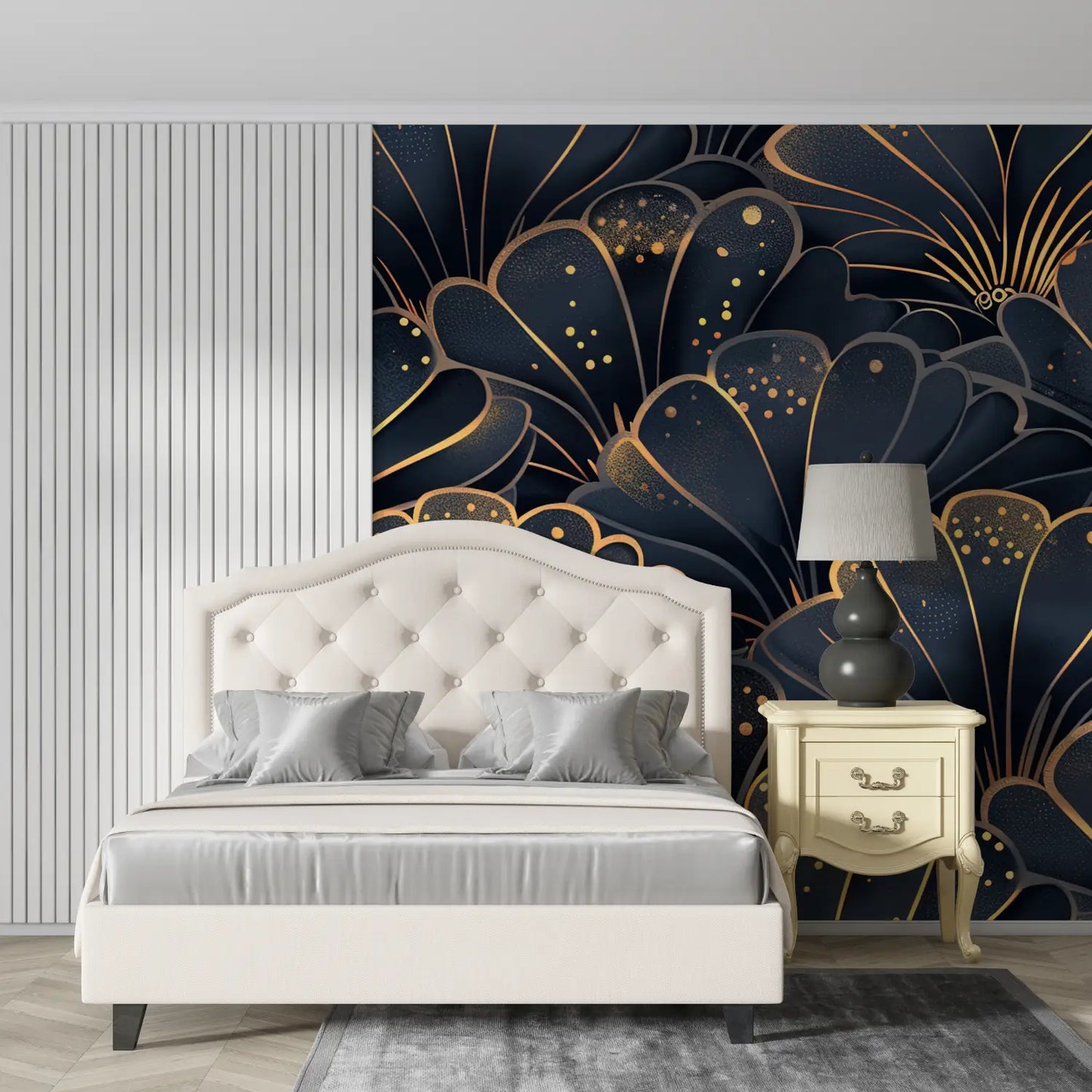 Papel pintado Art Déco de conchas azules y doradas - contemporáneo