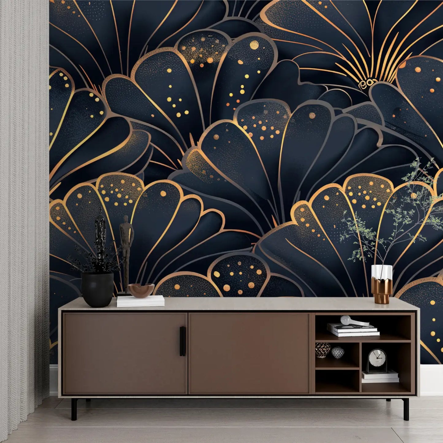 Papel pintado Art Déco de conchas azules y doradas - impreso