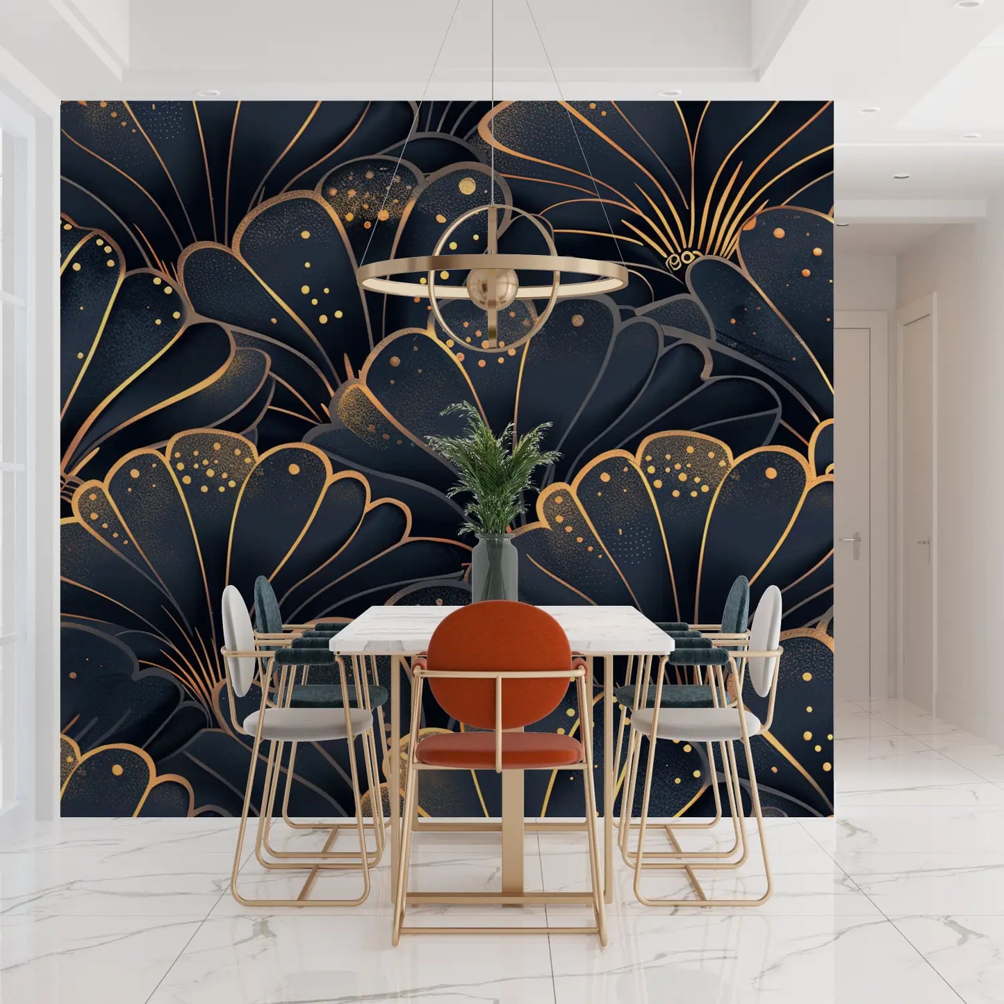 Papel pintado Art Deco de conchas azules y doradas - tendencias