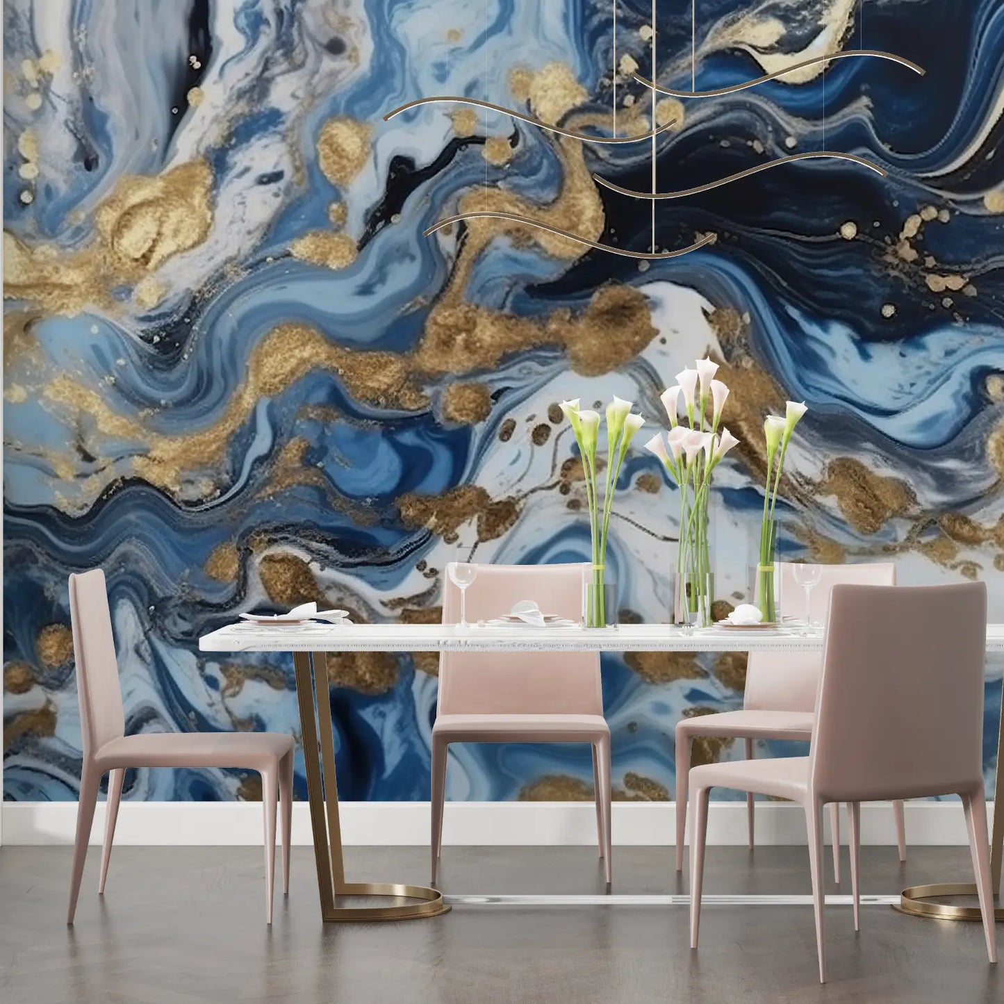 Papel pintado dorado Art Deco azul - sala de estar