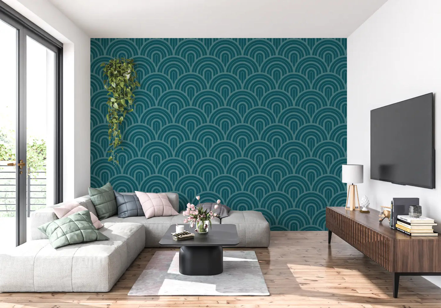 Papel pintado azul pato con estampado - pared de la cocina