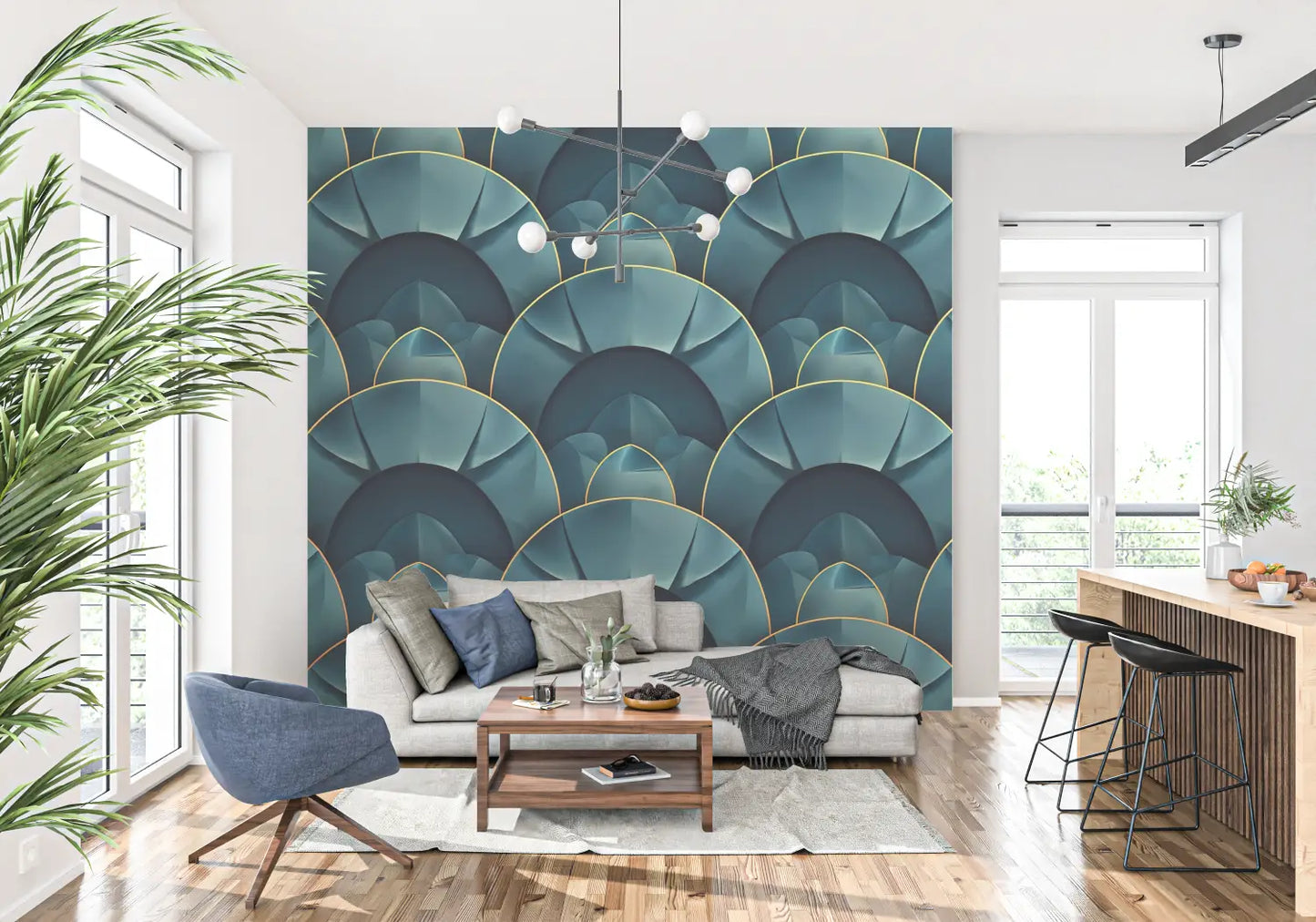 Papel pintado para dormitorio azul pato - trampantojo