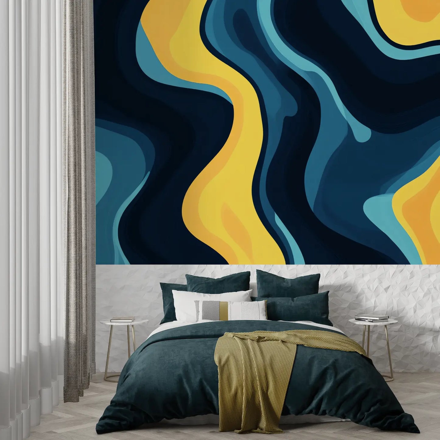 Diseño de papel pintado azul pato y amarillo mostaza - papel pintado