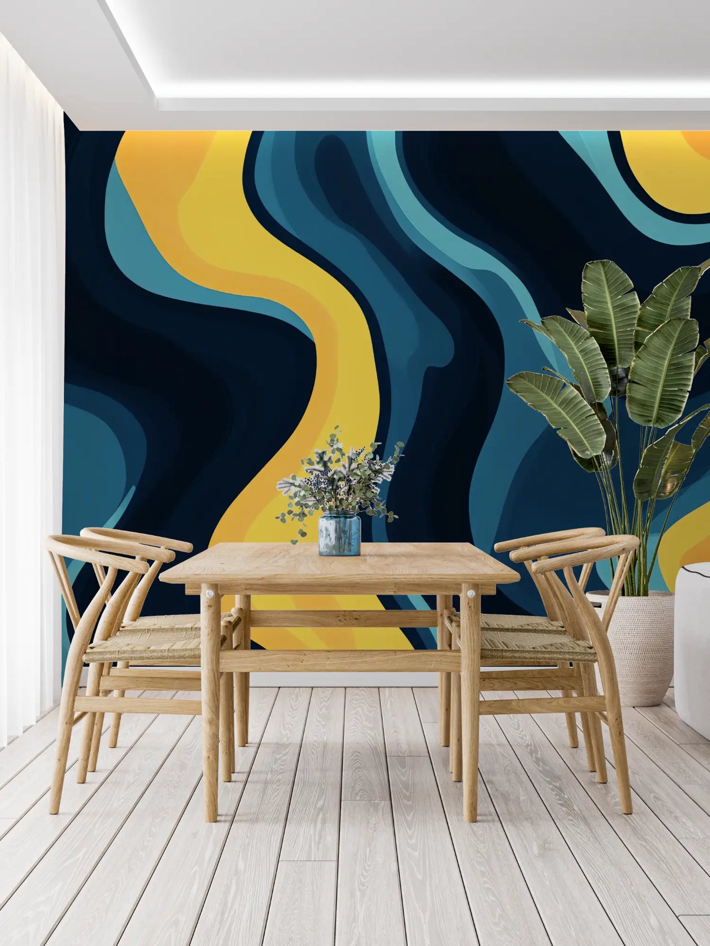 Papel pintado de diseño azul pato y amarillo mostaza - panorámico de moda
