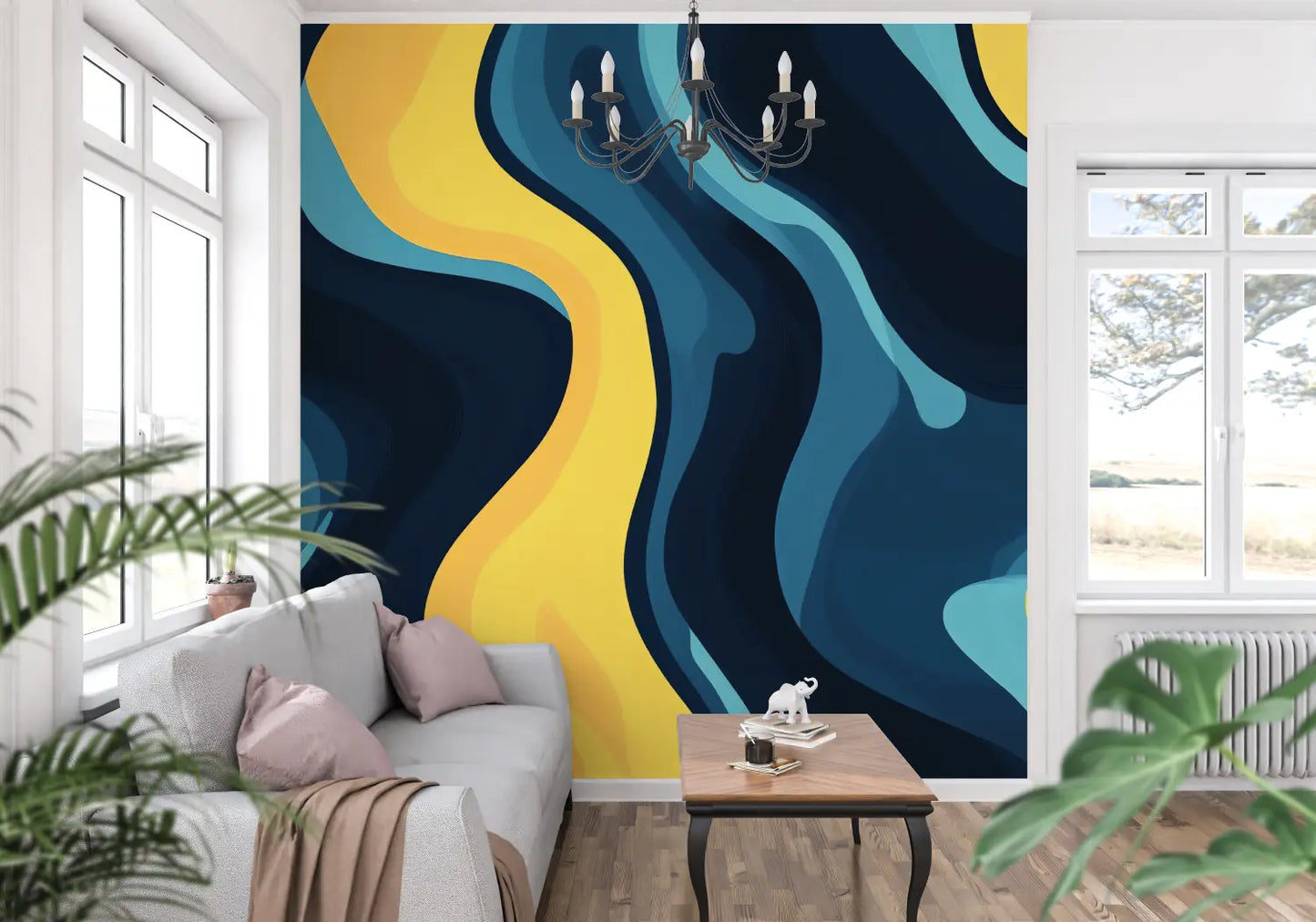 Diseño de papel pintado azul pato y amarillo mostaza - Francés