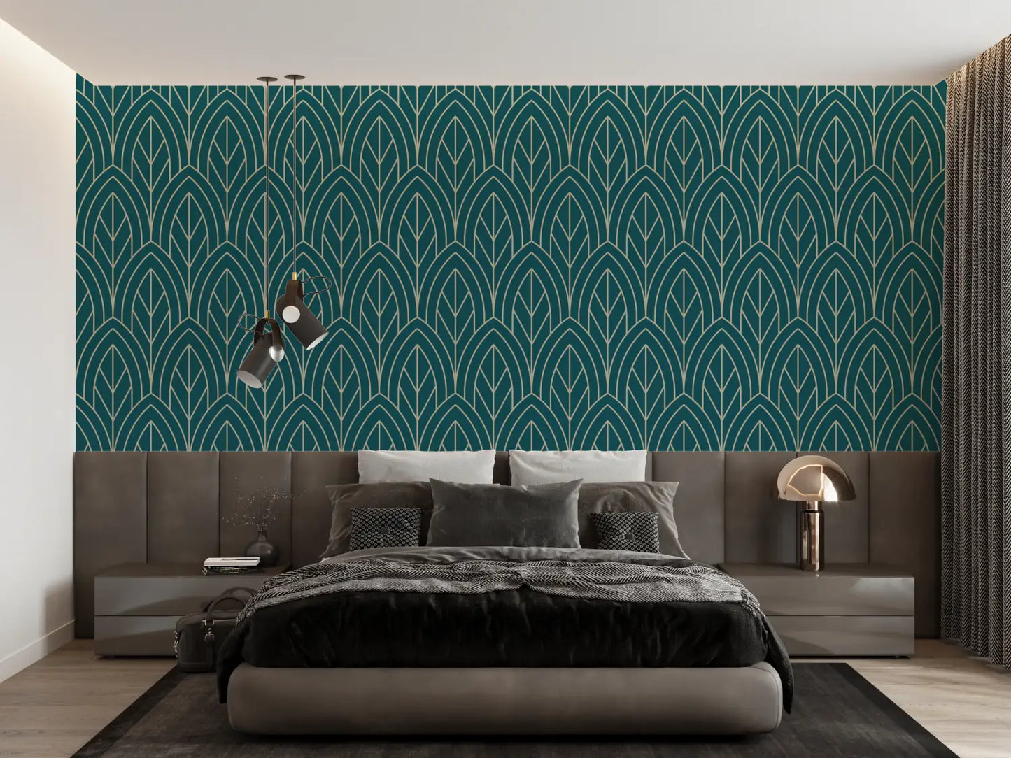Papel pintado geométrico verde azulado y dorado - papel pintado