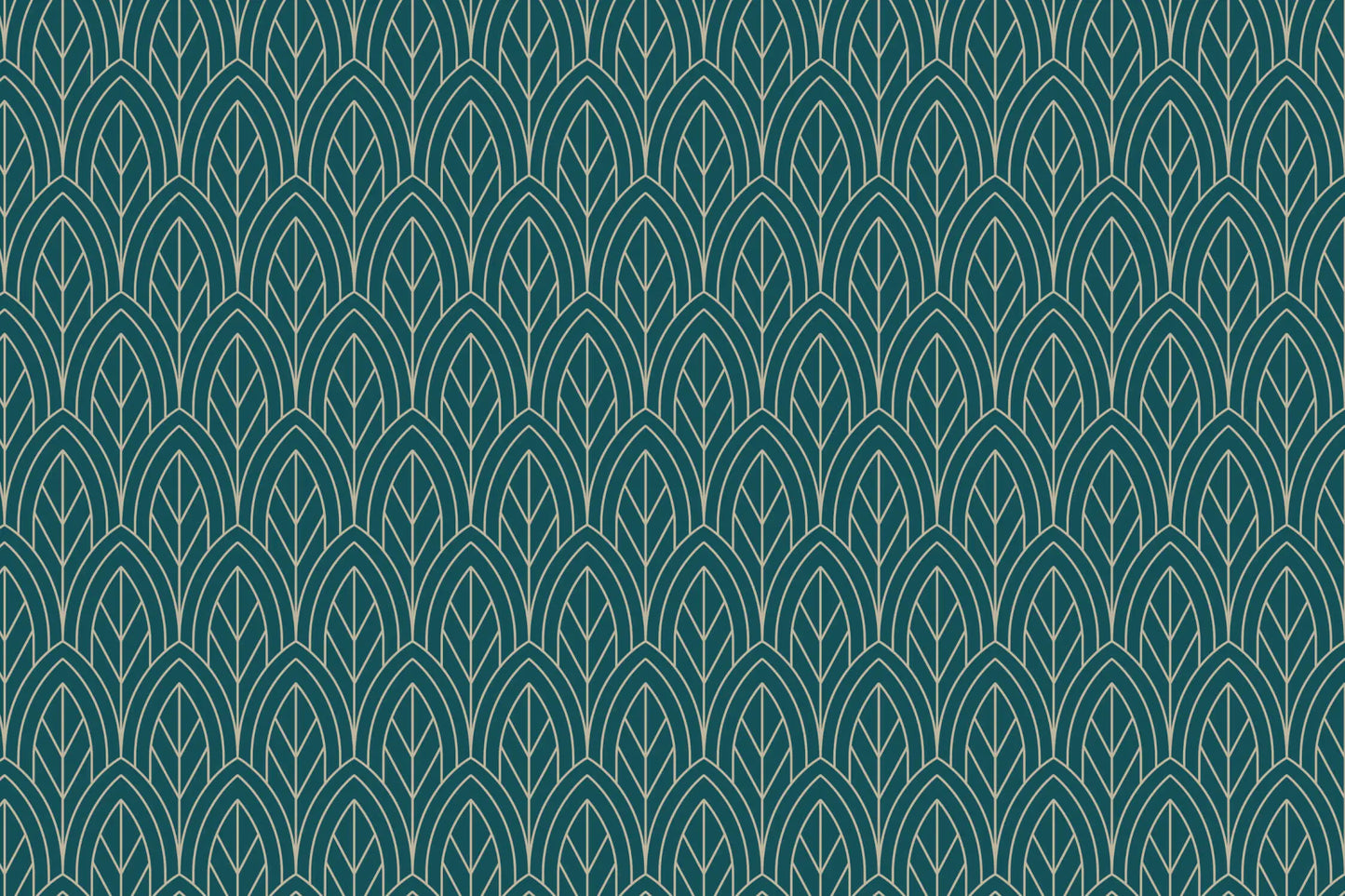 Papel pintado geométrico verde azulado y dorado