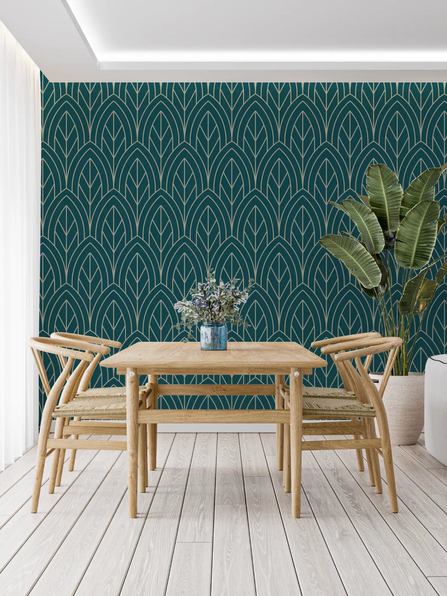 Papel pintado geométrico verde azulado y dorado - panorámico de moda