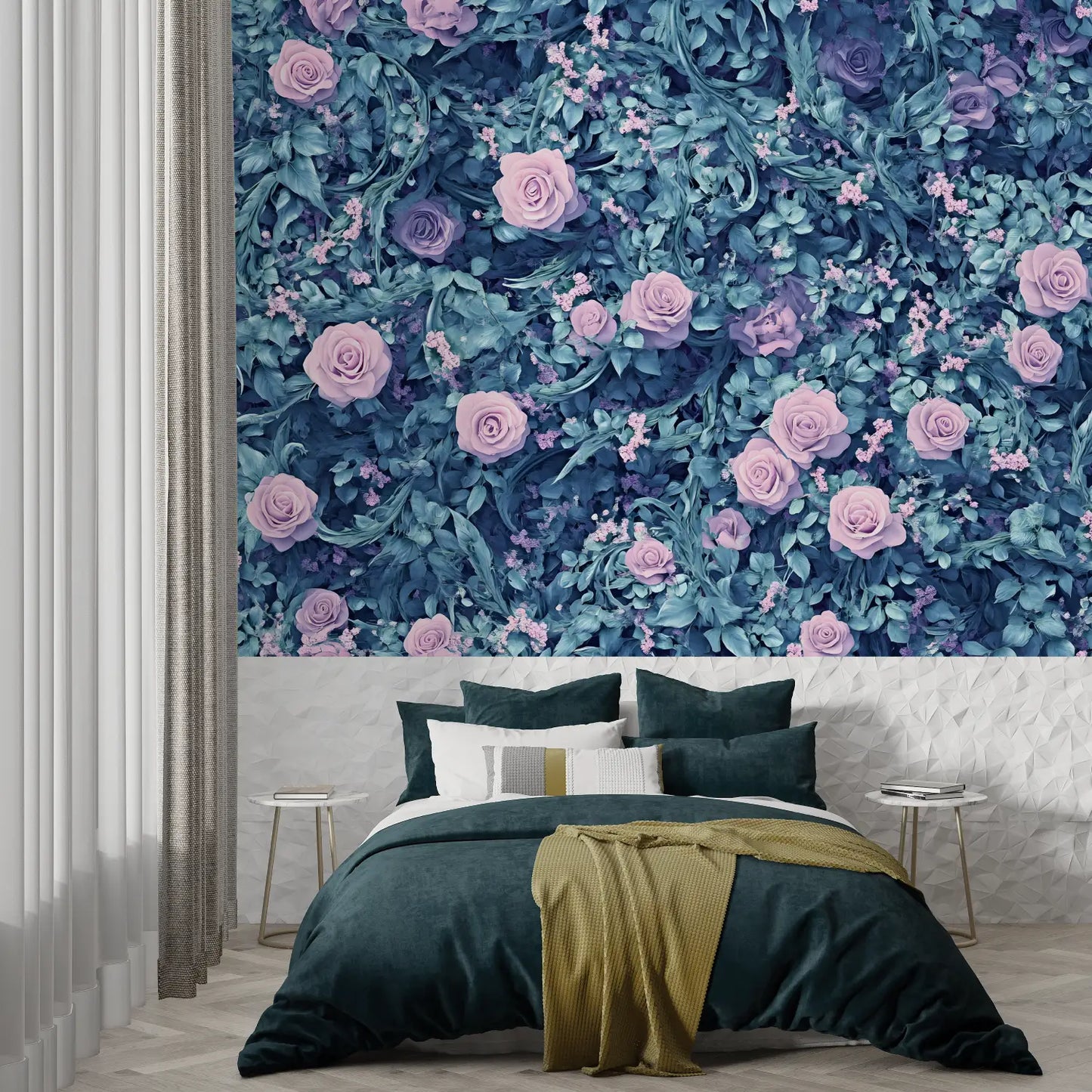 Papel pintado de flores azules y rosas - trompe l'oeil
