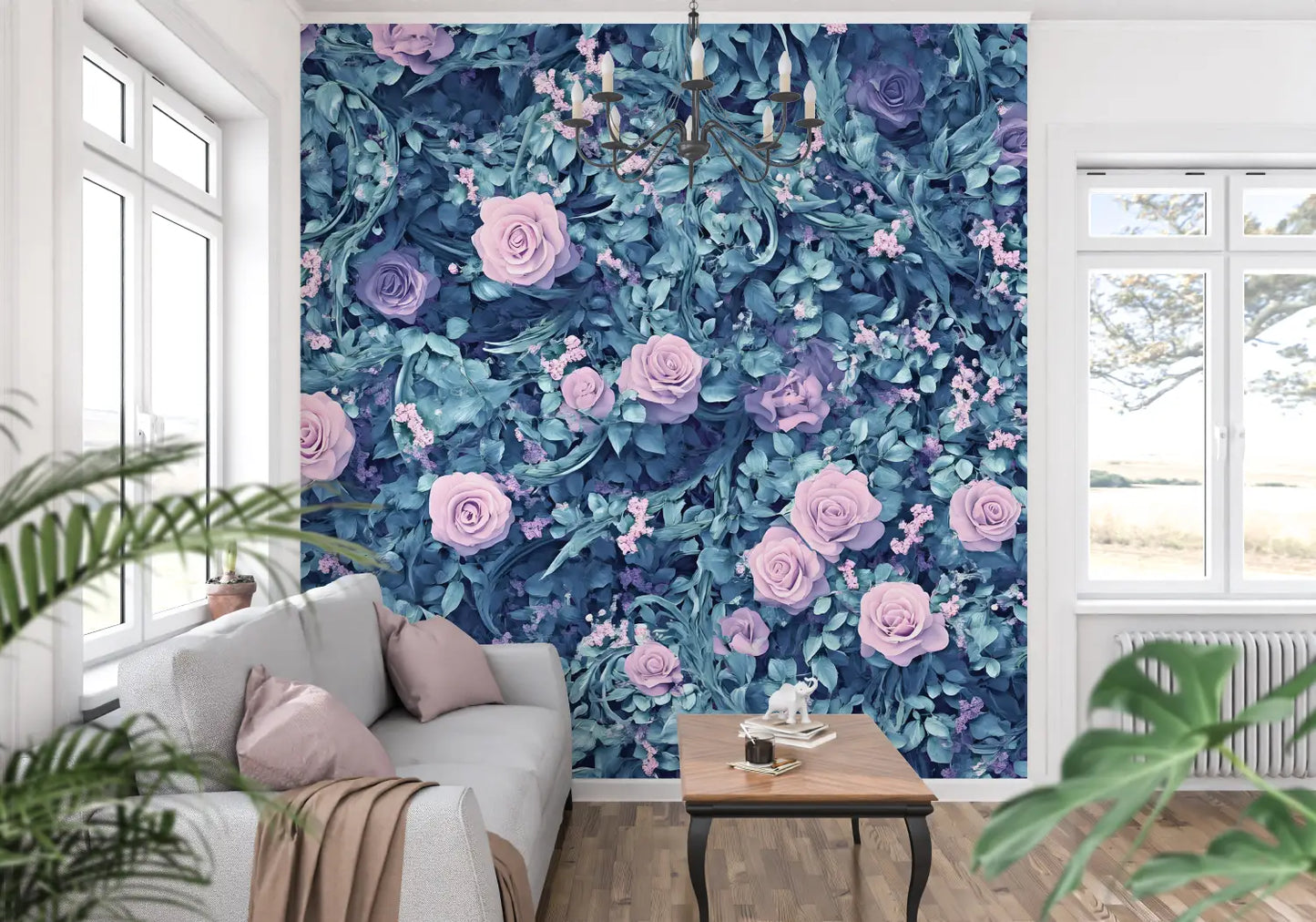 Papel pintado de flores azules y rosas - papel pintado