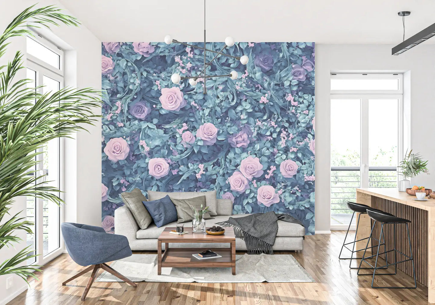 Papel pintado de flores azules y rosas - Francés