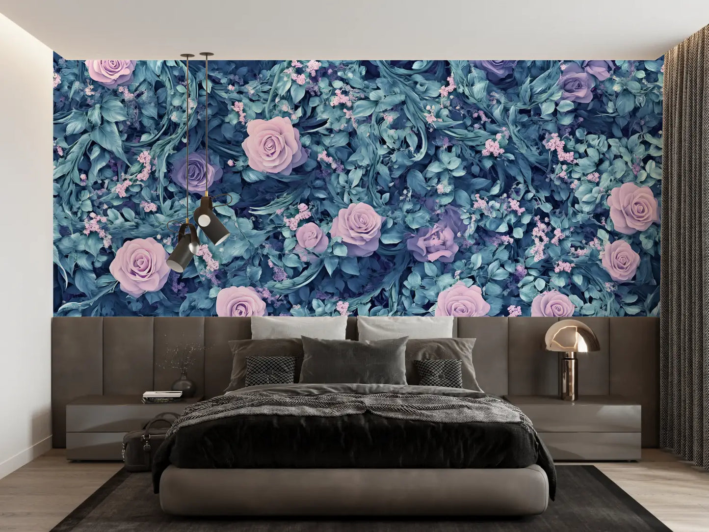 Papel pintado de flores azules y rosas - panorámico de moda