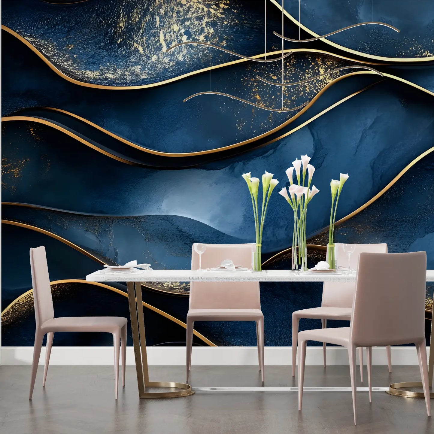 Papel pintado azul marino y dorado - salón