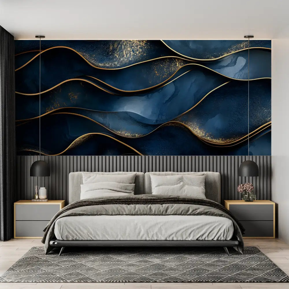 Papel pintado azul marino y dorado - cabecero