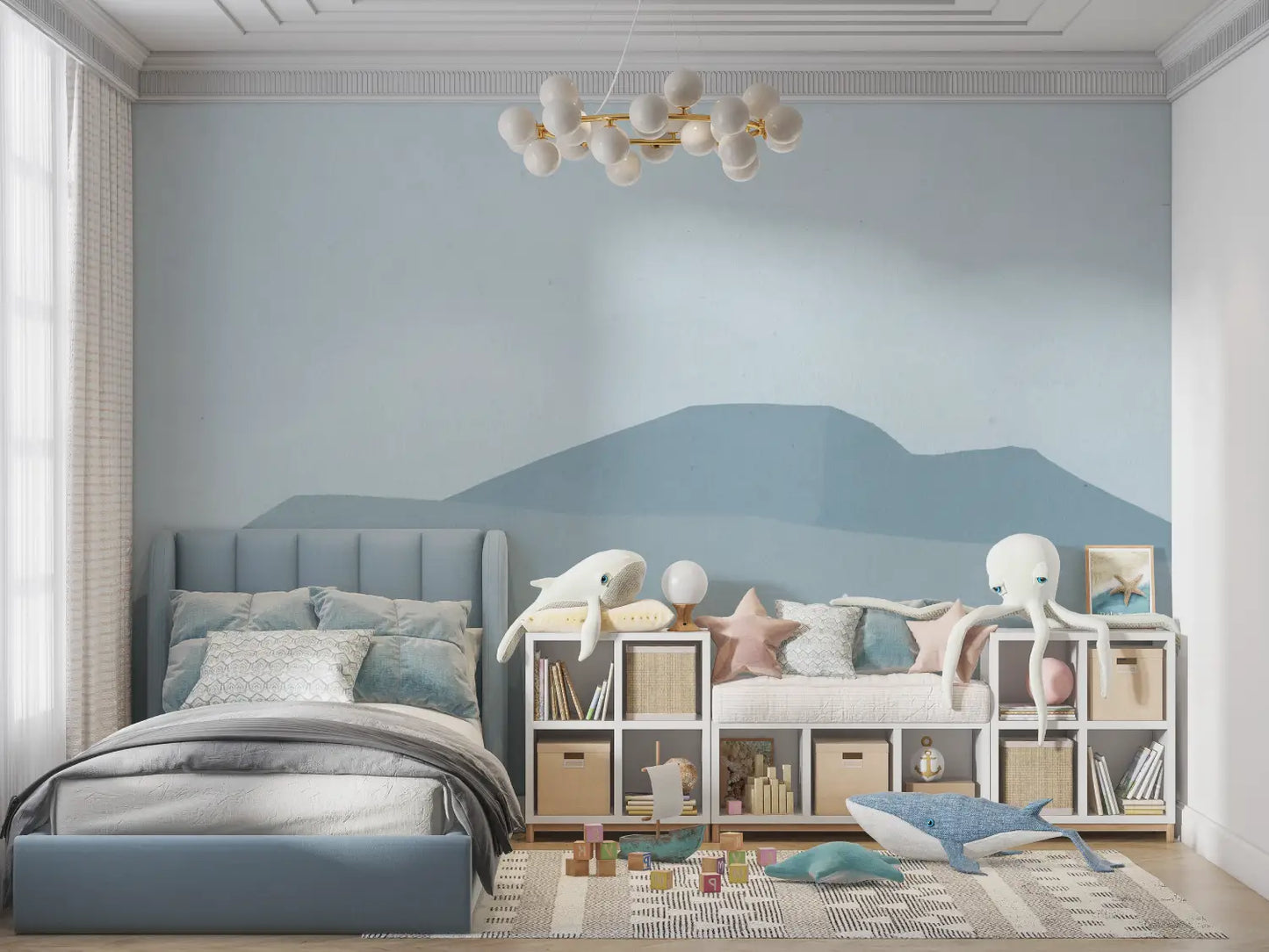 Papel pintado infantil de diseño azul - dormitorio pequeño