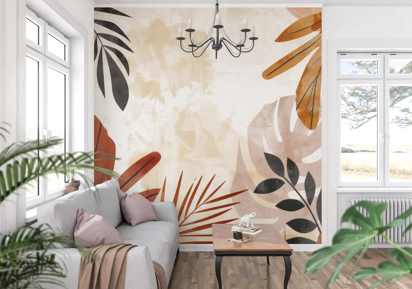 Papel pintado de follaje de terracota: panorámico de moda