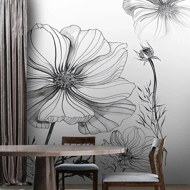 Papel pintado de flores en blanco y negro