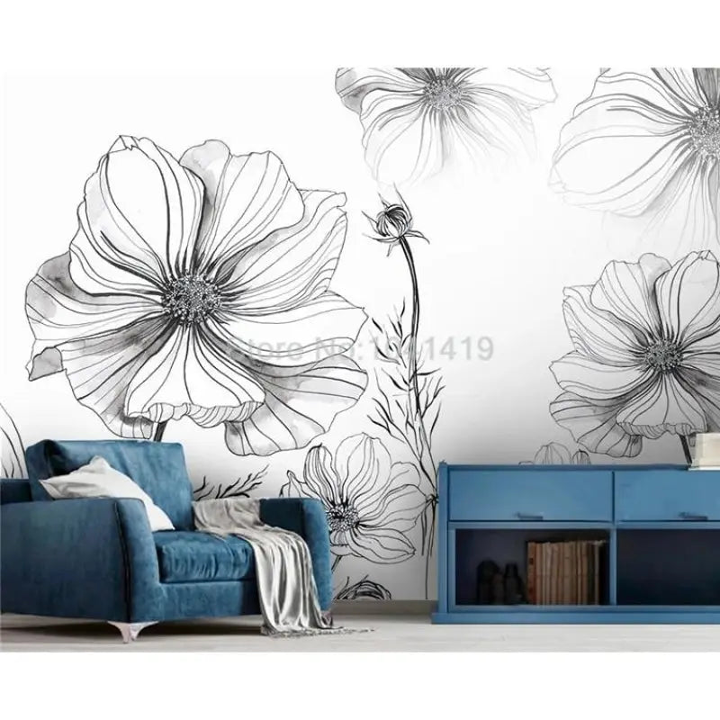 Papel pintado de flores en blanco y negro