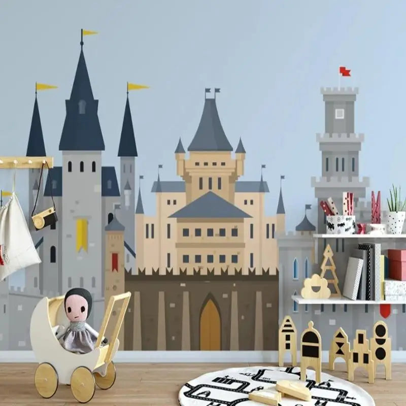 Papel pintado clásico para niños Castle Ft azul y gris