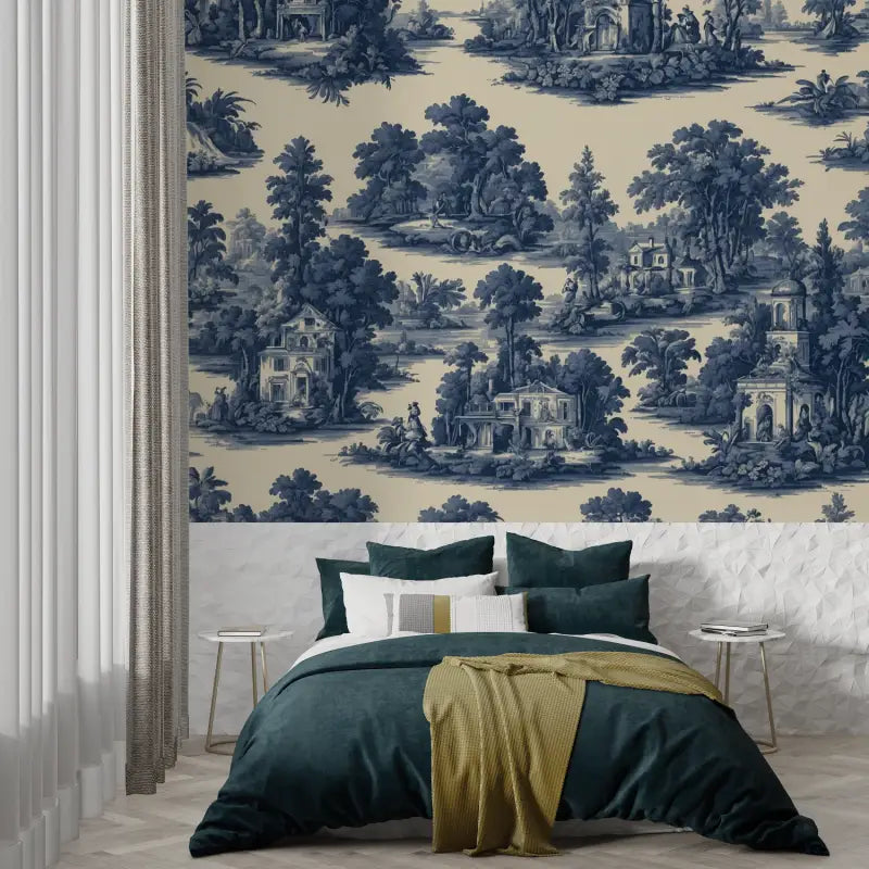Papel pintado con motivos azules Jouy - panorámico de moda
